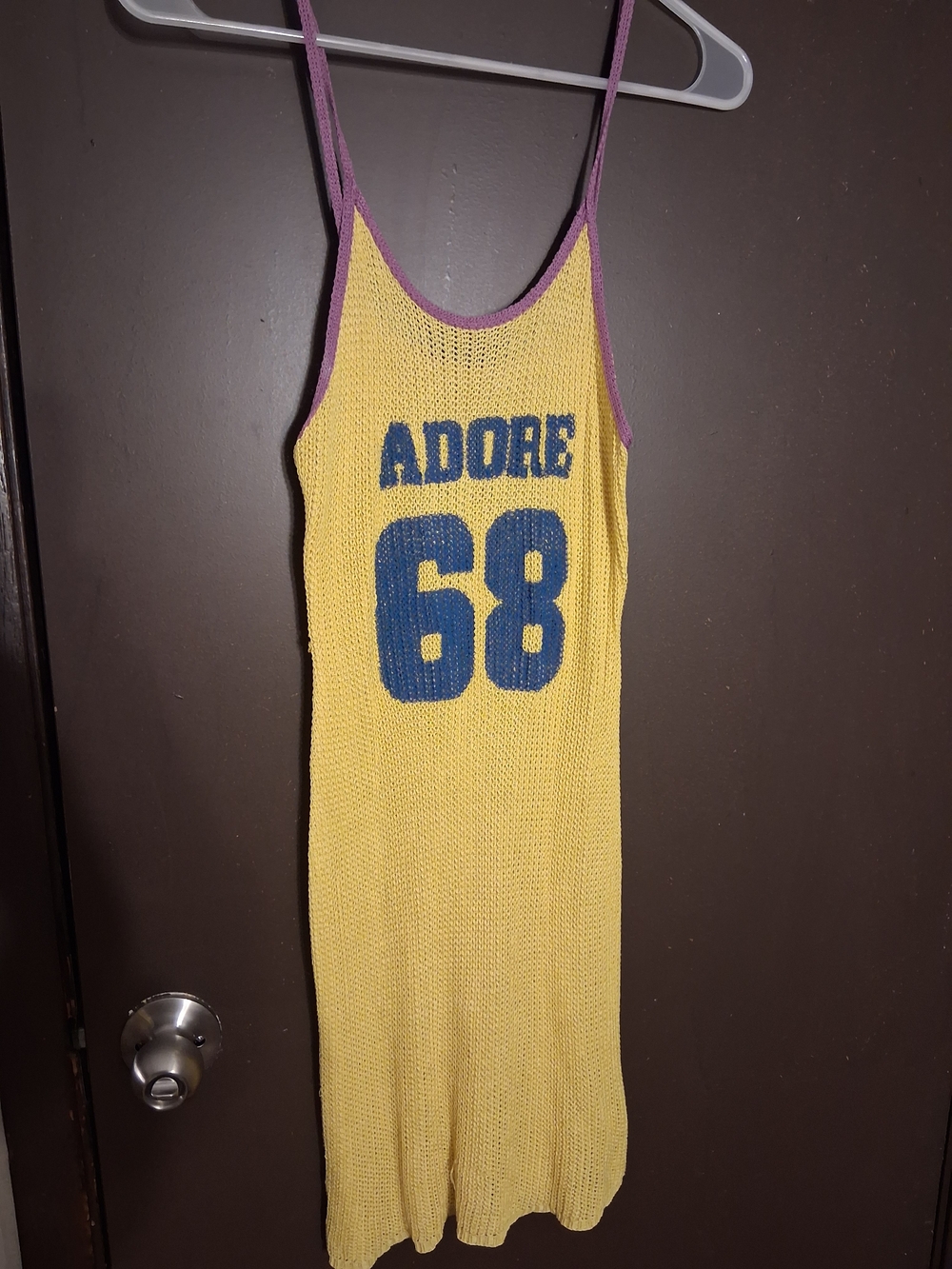 Adore Yellow Knit Tank Dress with Pink Trim and Blue Graphic